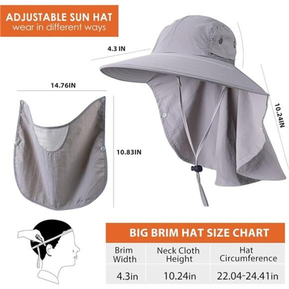 Mens Women Fishing Hat UPF 50+ Wide Brim Sun Hat with Face Cover & Neck Flap - Picture 2 of 7